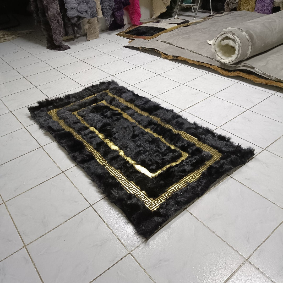 Black Sheepskin Rug , Fluffy Black with Gold Sheepskin Fur Rug, Soft Area Rug, Black Sheepskin Carpet, Gold Leather Rug,Home Decor Rug - BuzzLeatherCarpetBlack Sheepskin Rug , Fluffy Black with Gold Sheepskin Fur Rug, Soft Area Rug, Black Sheepskin Carpet, Gold Leather Rug,Home Decor Rug