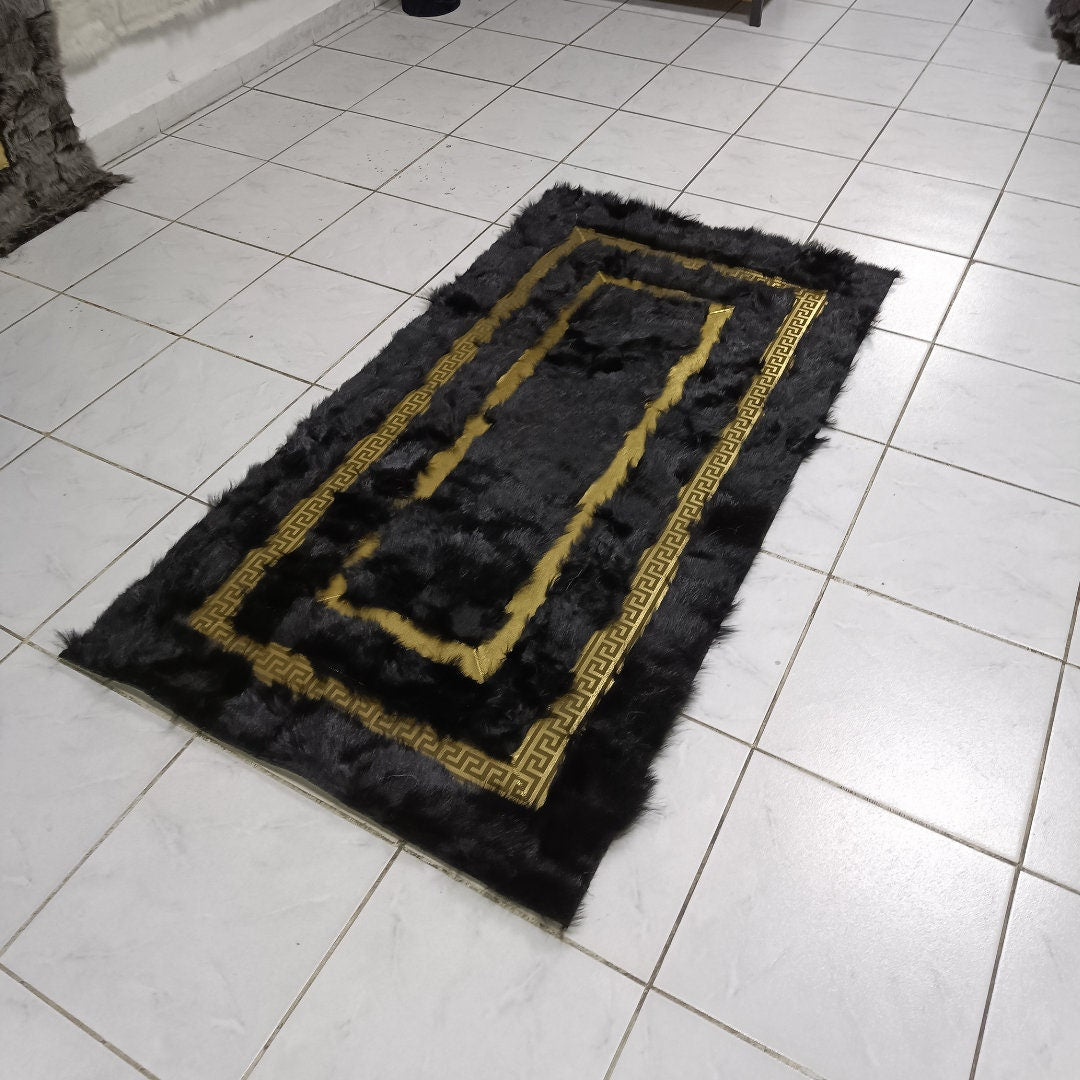 Black Sheepskin Rug , Fluffy Black with Gold Sheepskin Fur Rug, Soft Area Rug, Black Sheepskin Carpet, Gold Leather Rug,Home Decor Rug - BuzzLeatherCarpetBlack Sheepskin Rug , Fluffy Black with Gold Sheepskin Fur Rug, Soft Area Rug, Black Sheepskin Carpet, Gold Leather Rug,Home Decor Rug