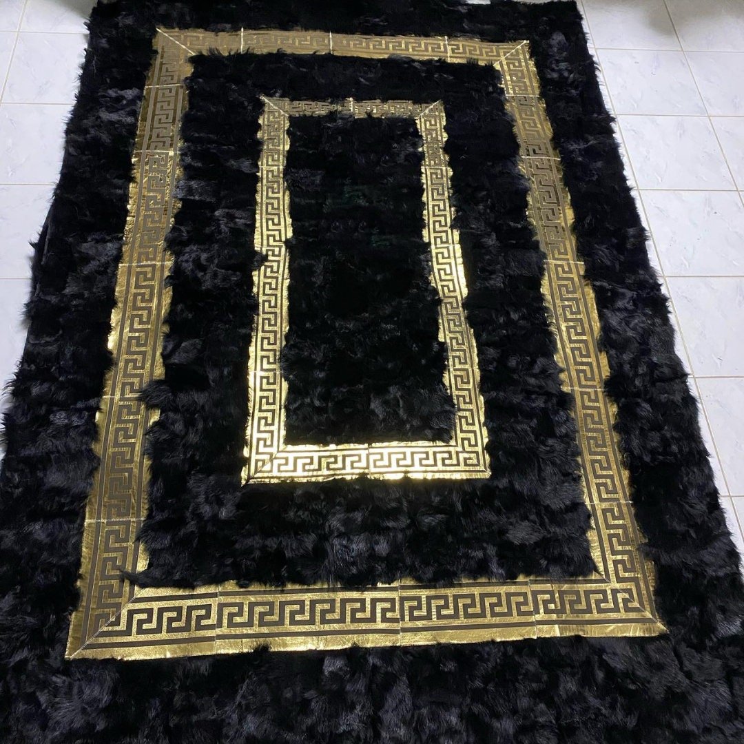 Black Sheepskin Rug,Black With Gold Fur Rug,Black Fur for Living Room,Handmade Rug, Black Wool Sheepskin Rug, Soft Natural Fur Rug - BuzzLeatherCarpetBlack Sheepskin Rug,Black With Gold Fur Rug,Black Fur for Living Room,Handmade Rug, Black Wool Sheepskin Rug, Soft Natural Fur Rug