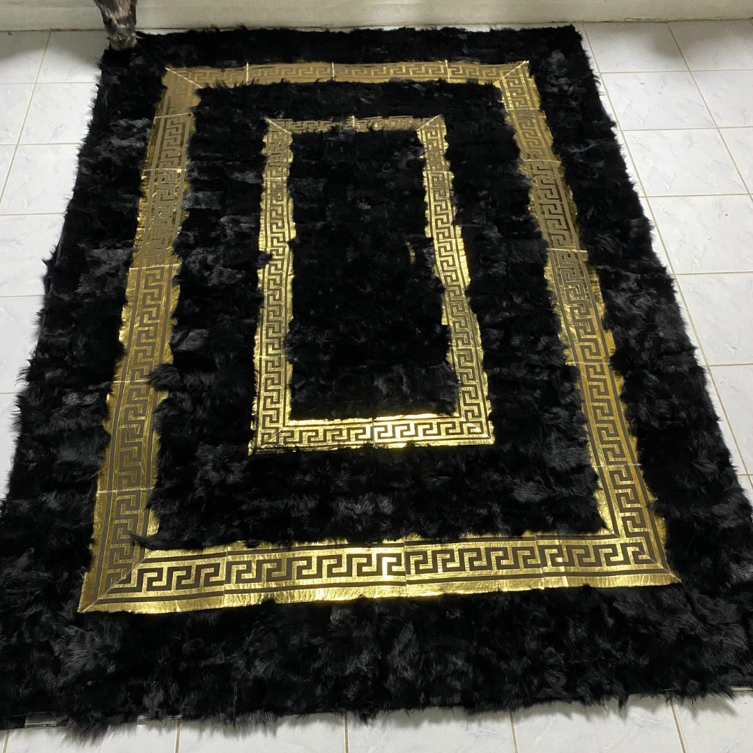 Black Sheepskin Rug,Black With Gold Fur Rug,Black Fur for Living Room,Handmade Rug, Black Wool Sheepskin Rug, Soft Natural Fur Rug - BuzzLeatherCarpetBlack Sheepskin Rug,Black With Gold Fur Rug,Black Fur for Living Room,Handmade Rug, Black Wool Sheepskin Rug, Soft Natural Fur Rug