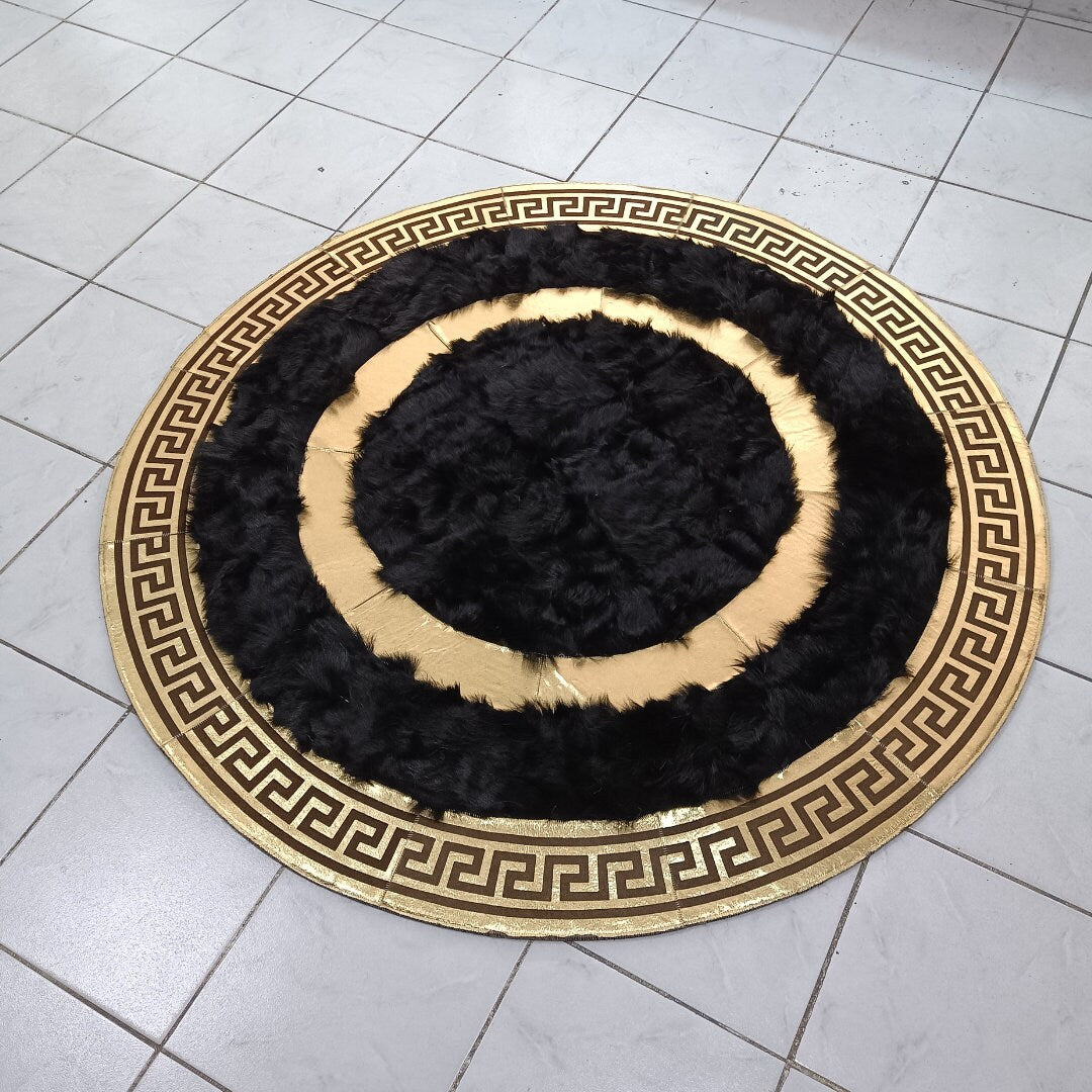 Luxury Black and Gold Sheepskin Patchwork Area Rug for Bedroom, Round Sheepskin Rug, Genuine Sheepskin Carpet, Soft Fur Rug for Living Room