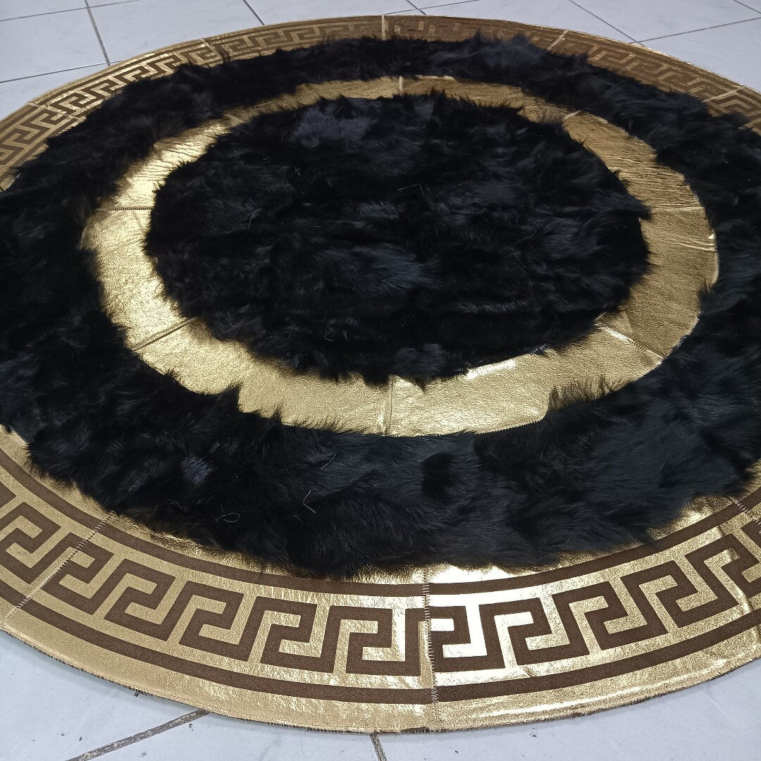 Luxury Black and Gold Sheepskin Patchwork Area Rug for Bedroom, Round Sheepskin Rug, Genuine Sheepskin Carpet, Soft Fur Rug for Living Room