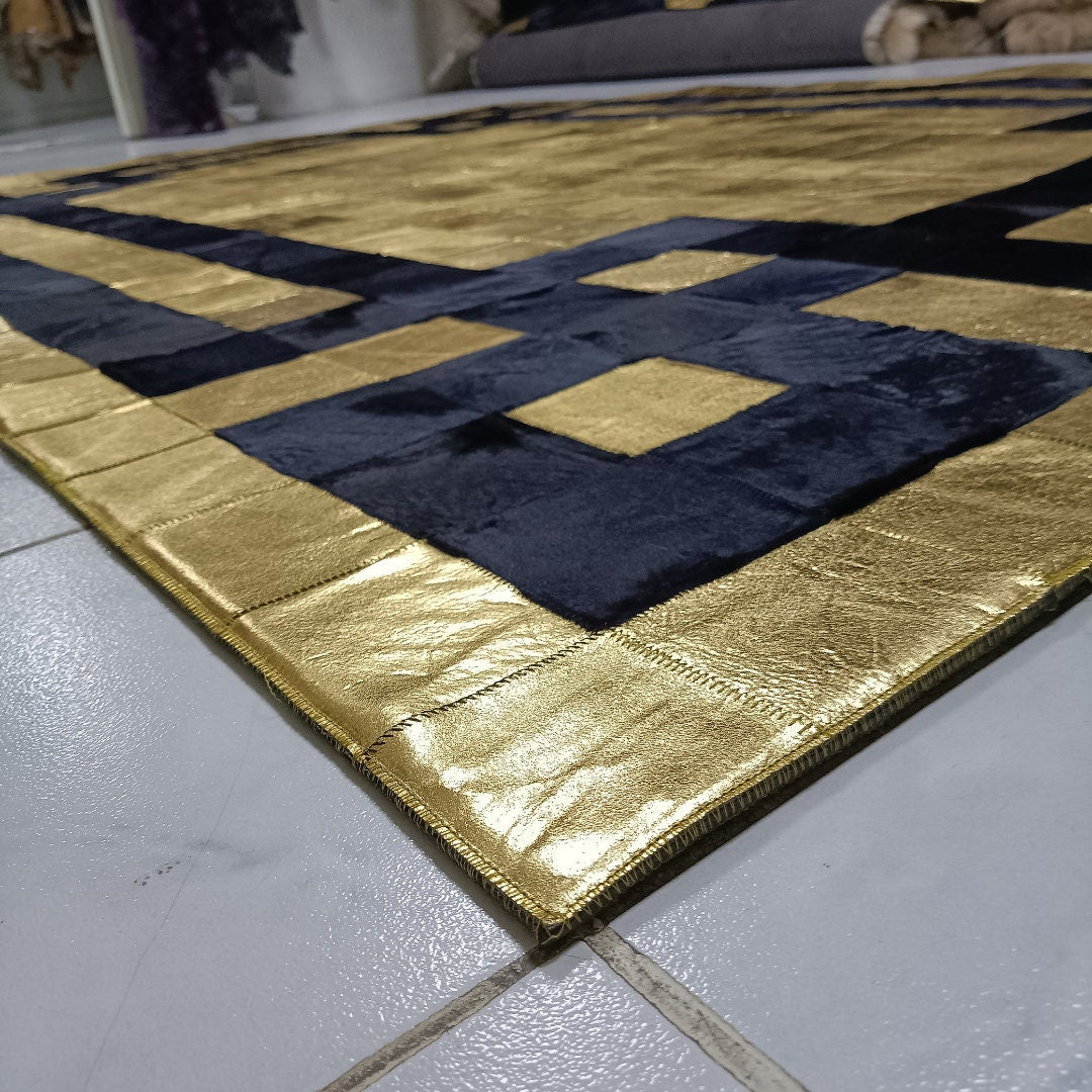 Natural Gold Dark Blue Cowhide Rug,Real Cowhide Rug,Handmade Rug, Custom Rug,Cowhide Rug for BedRoom,Patchwork Cowhide  Rug,Cowhide  Rug