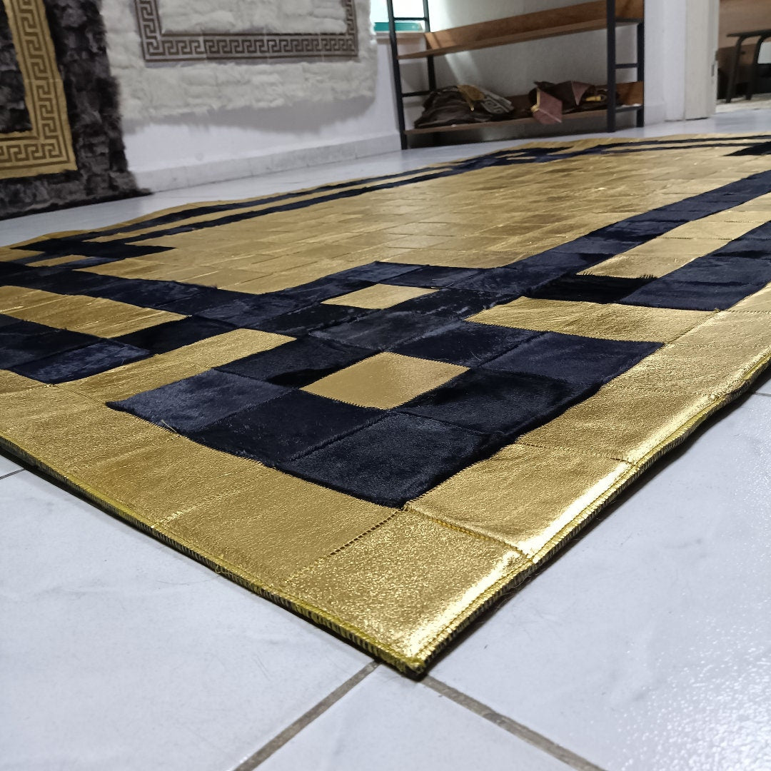 Natural Gold Dark Blue Cowhide Rug,Real Cowhide Rug,Handmade Rug, Custom Rug,Cowhide Rug for BedRoom,Patchwork Cowhide  Rug,Cowhide  Rug