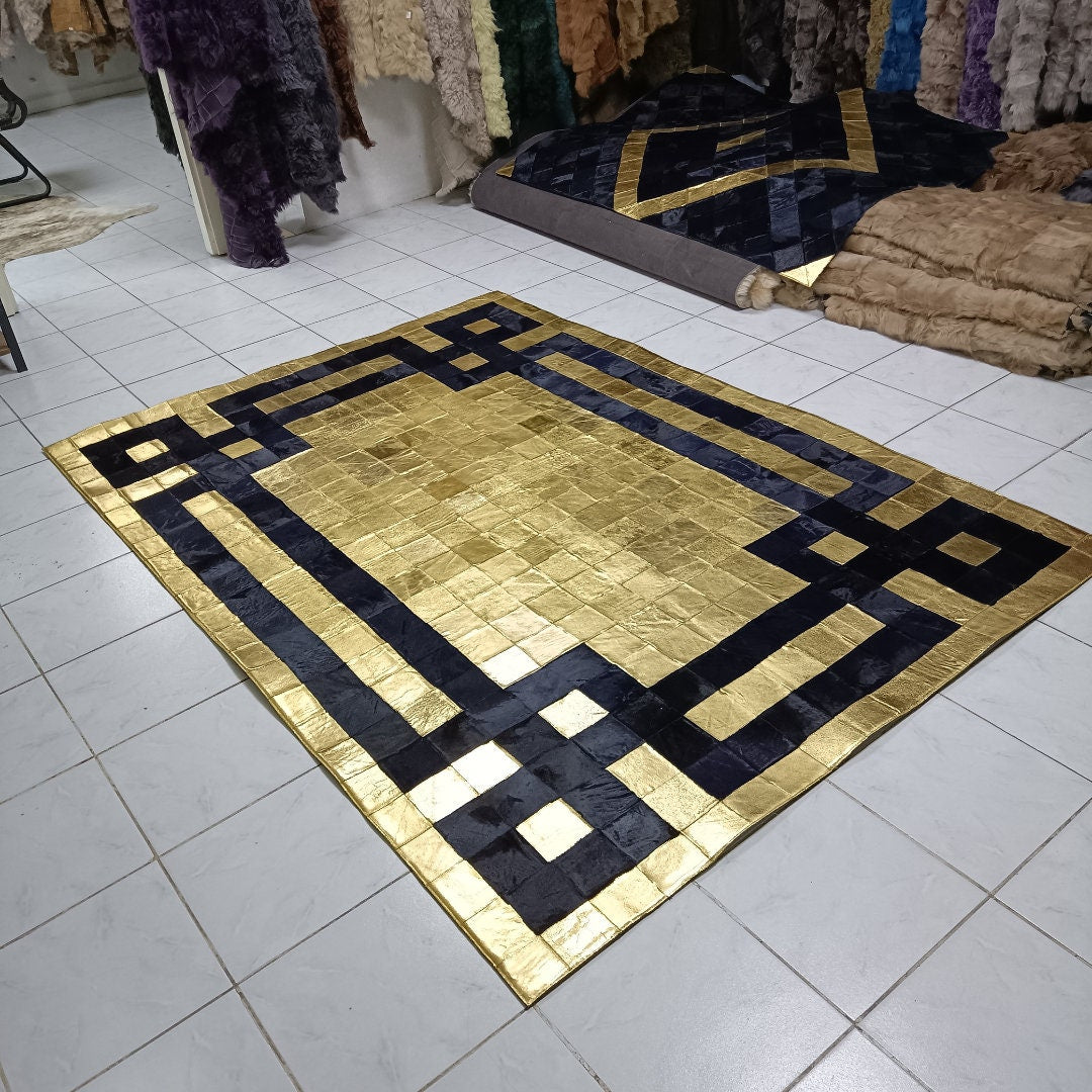 Natural Gold Dark Blue Cowhide Rug,Real Cowhide Rug,Handmade Rug, Custom Rug,Cowhide Rug for BedRoom,Patchwork Cowhide  Rug,Cowhide  Rug