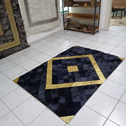 Luxury Gold and Dark Blue Cowhide Rug,Real Cowhide Rug,Handmade Rug, Custom Rug,Cowhide Rug for BedRoom,Patchwork Cowhide  Rug,Cowhide  Rug