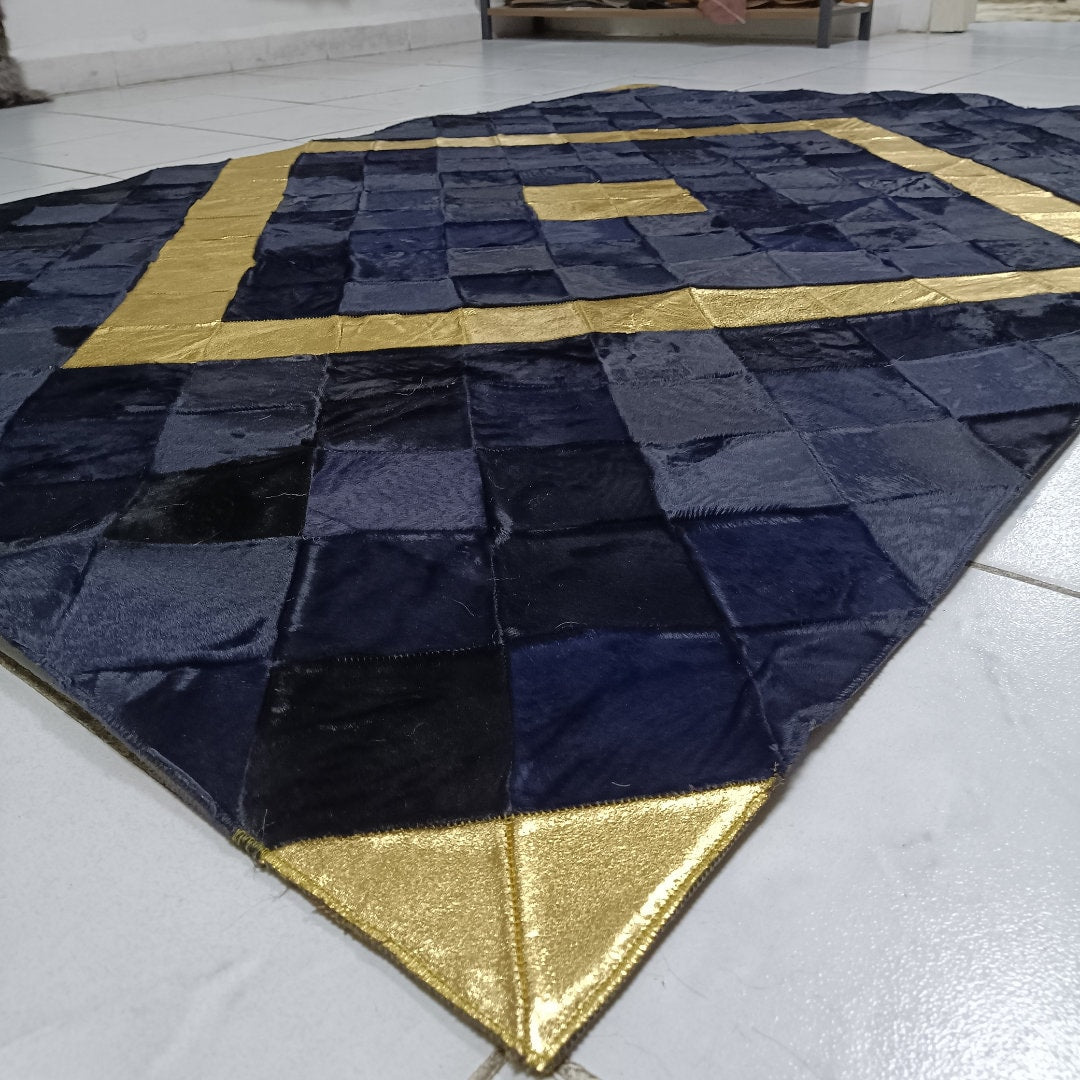 Luxury Gold and Dark Blue Cowhide Rug,Real Cowhide Rug,Handmade Rug, Custom Rug,Cowhide Rug for BedRoom,Patchwork Cowhide  Rug,Cowhide  Rug