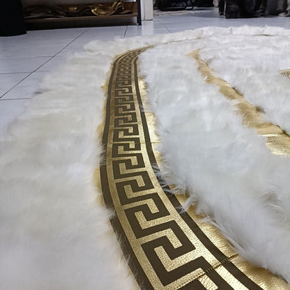 White Sheepskin Rug, Handmade Rug With Gold Pattern, Rectangular Sheepskin Soft Rug For Bedroom, Luxury Real Sheepskin Rug For Living Room