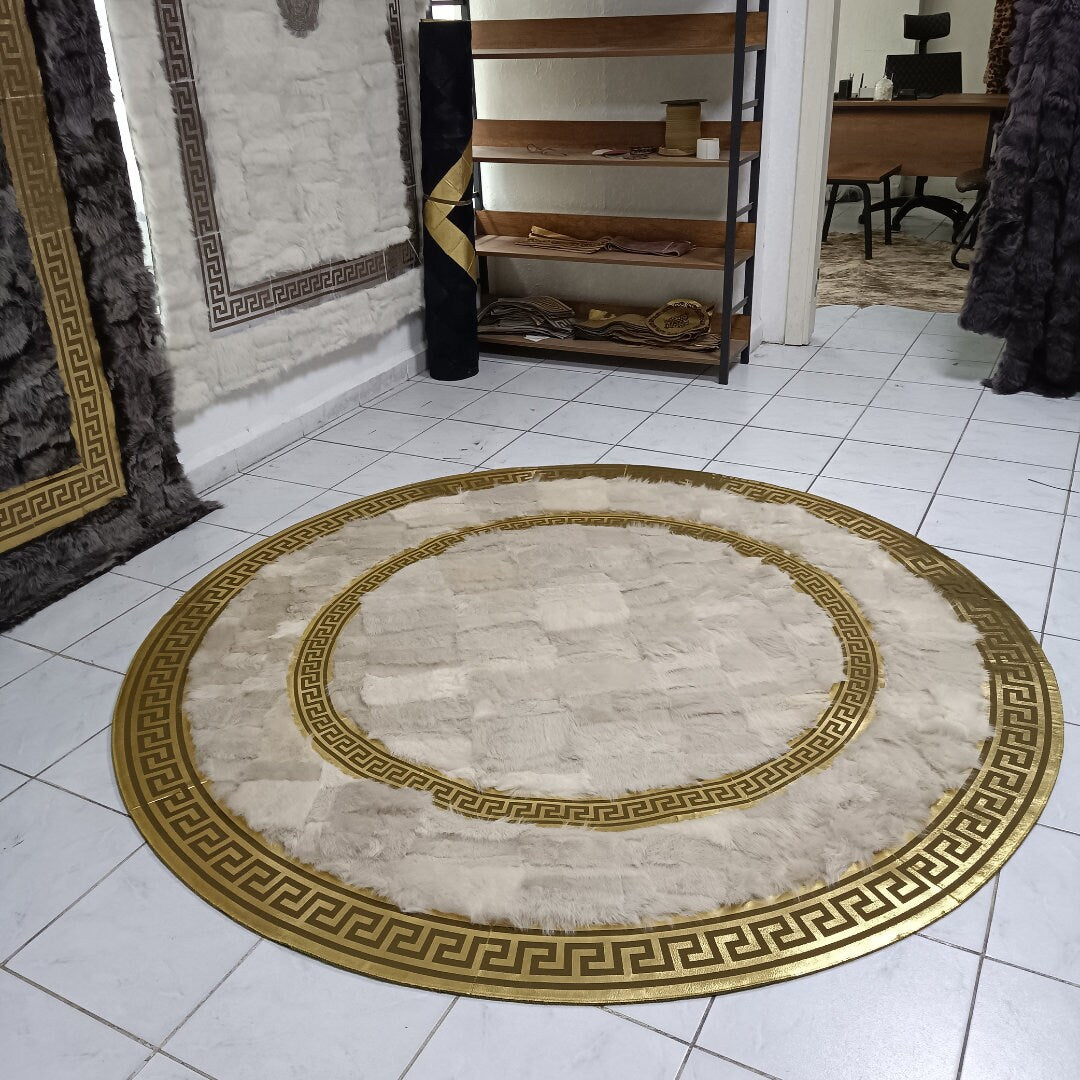 Luxury Cream and Gold Sheepskin Patchwork  Rug for Bedroom, Round Sheepskin Rug, High Quality Handmade Carpet, Soft Fur Rug for Living Room