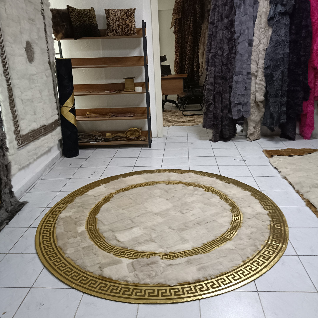 Luxury Cream and Gold Sheepskin Patchwork  Rug for Bedroom, Round Sheepskin Rug, High Quality Handmade Carpet, Soft Fur Rug for Living Room