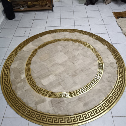 Luxury Cream and Gold Sheepskin Patchwork  Rug for Bedroom, Round Sheepskin Rug, High Quality Handmade Carpet, Soft Fur Rug for Living Room