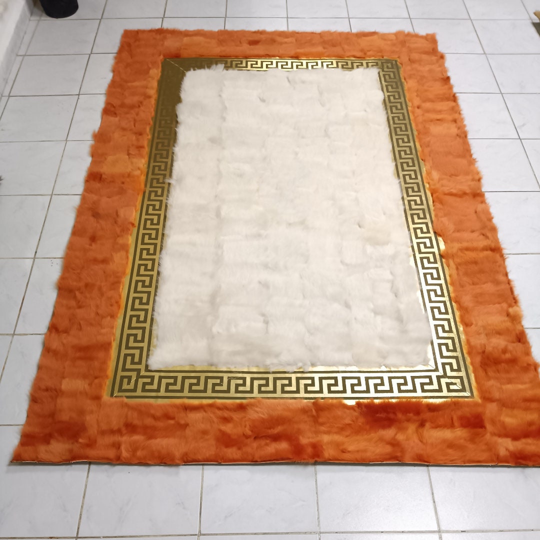 Orange-White Sheepskin Rug, Orange with Gold Sheepskin Fur Rug,ORange Sheepskin Carpet, Soft Fur Rug For Living Room,Soft Area Rug