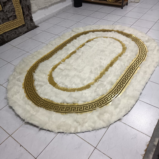 White Sheepskin Rug, Handmade Rug With Gold Pattern, Rectangular Sheepskin Soft Rug For Bedroom, Luxury Real Sheepskin Rug For Living Room