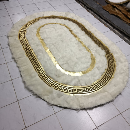 White Sheepskin Rug, Handmade Rug With Gold Pattern, Rectangular Sheepskin Soft Rug For Bedroom, Luxury Real Sheepskin Rug For Living Room