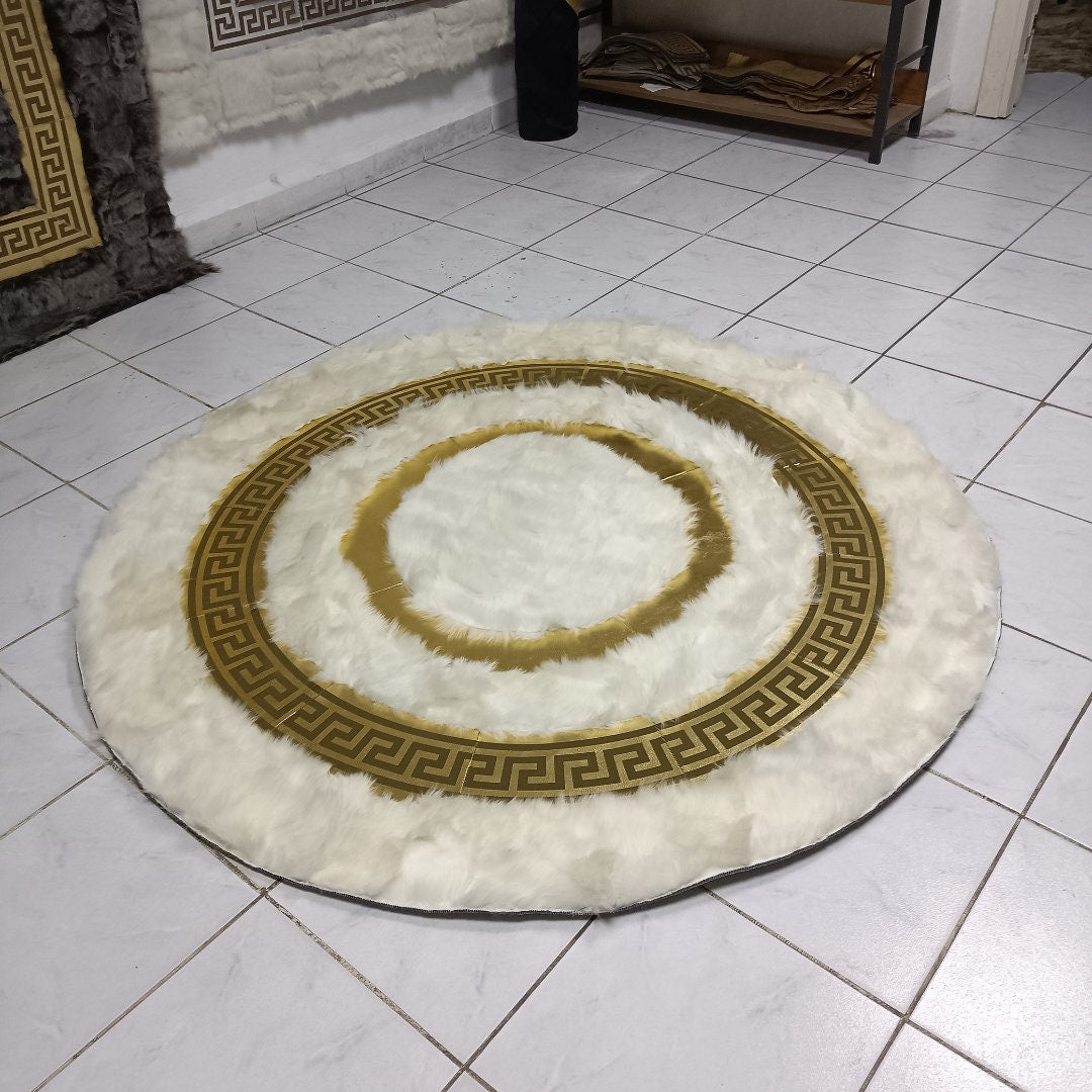 Round White Sheepskin Fur Rug, Sheepskin Patchwork  Rug for Bedroom, High Quality Handmade Carpet, Soft Fur Rug for Living Room, Fluffy Rug