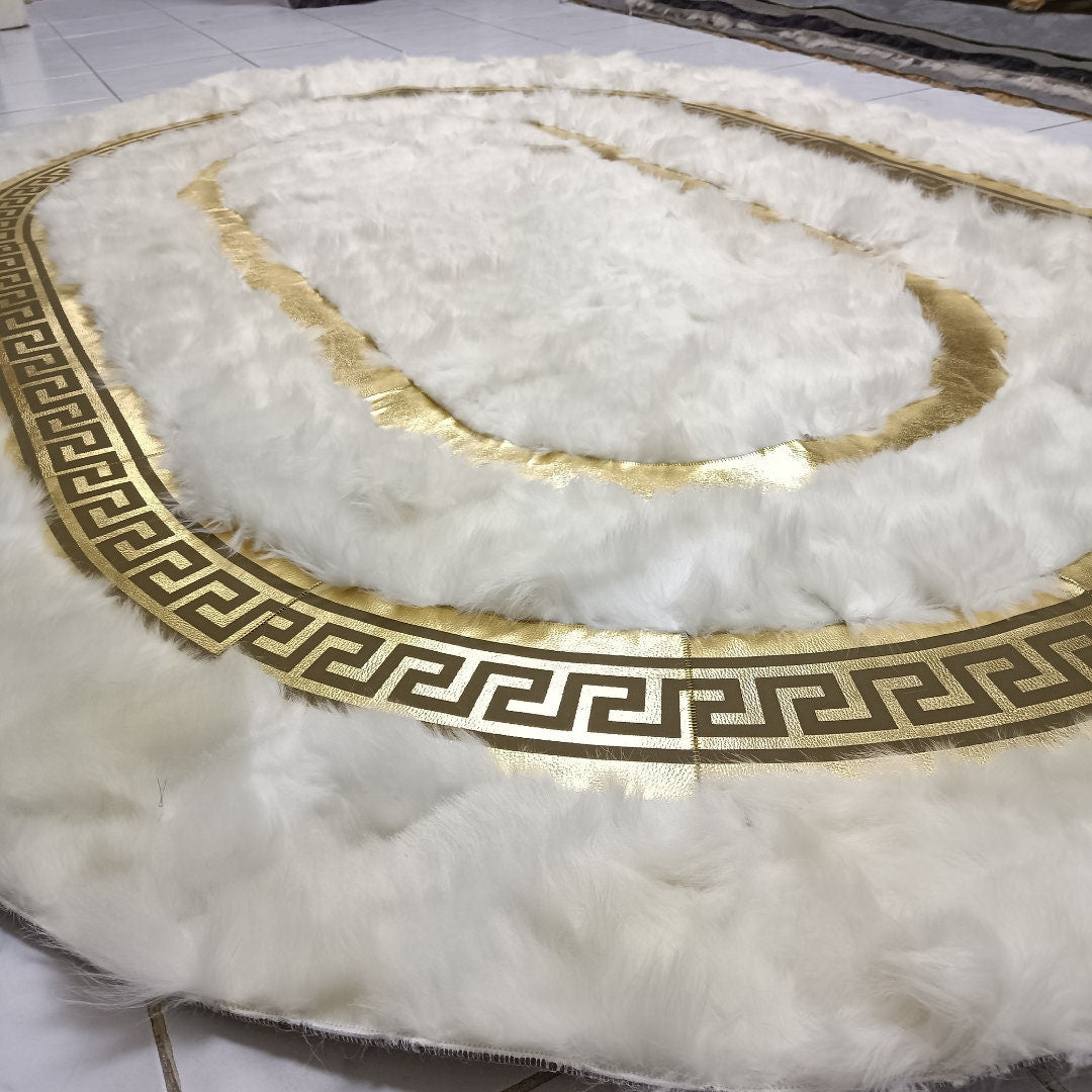 White Sheepskin Rug, Handmade Rug With Gold Pattern, Rectangular Sheepskin Soft Rug For Bedroom, Luxury Real Sheepskin Rug For Living Room