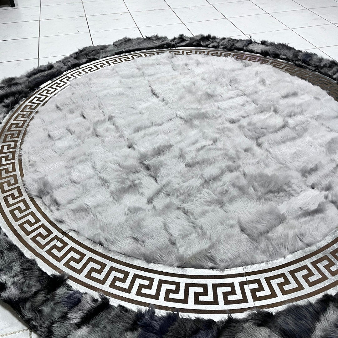 Gray Sheepskin Rug, Round Sheepskin Rug, Sheepskin Rug, Tuscan Lamb Fur Rug for Living Room, Soft Area Rug, Patchwork Rug, Fluffy Rug