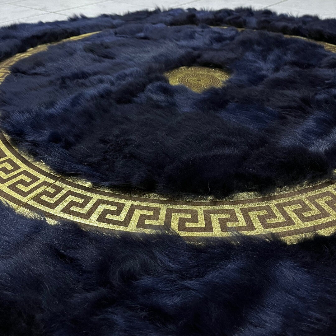 Dark Blue Sheepskin Rug, Round Sheepskin Rug, Sheepskin Rug, Tuscan Lamb Fur Rug for Living Room, Soft Area Rug, Patchwork Rug, Fluffy Rug