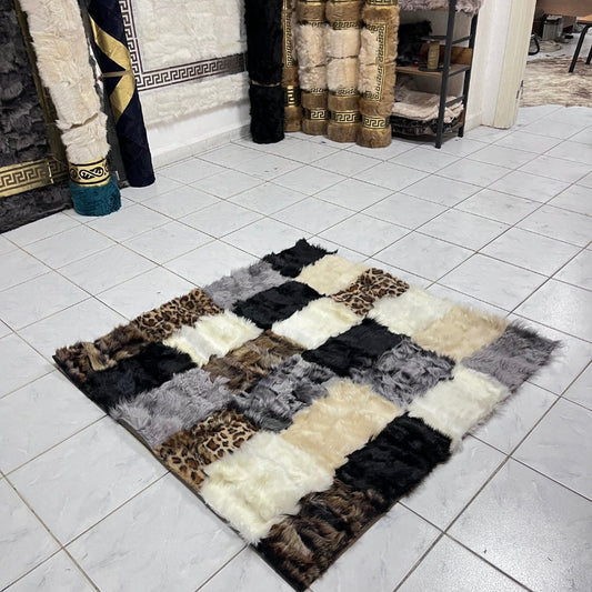 Multicolor Sheepskin Rug, Handmade 100% Natural Sheepskin Patchwork Rug, Genuine Icelandic Sheepskin Rug, Plush Area Rug for Living Room