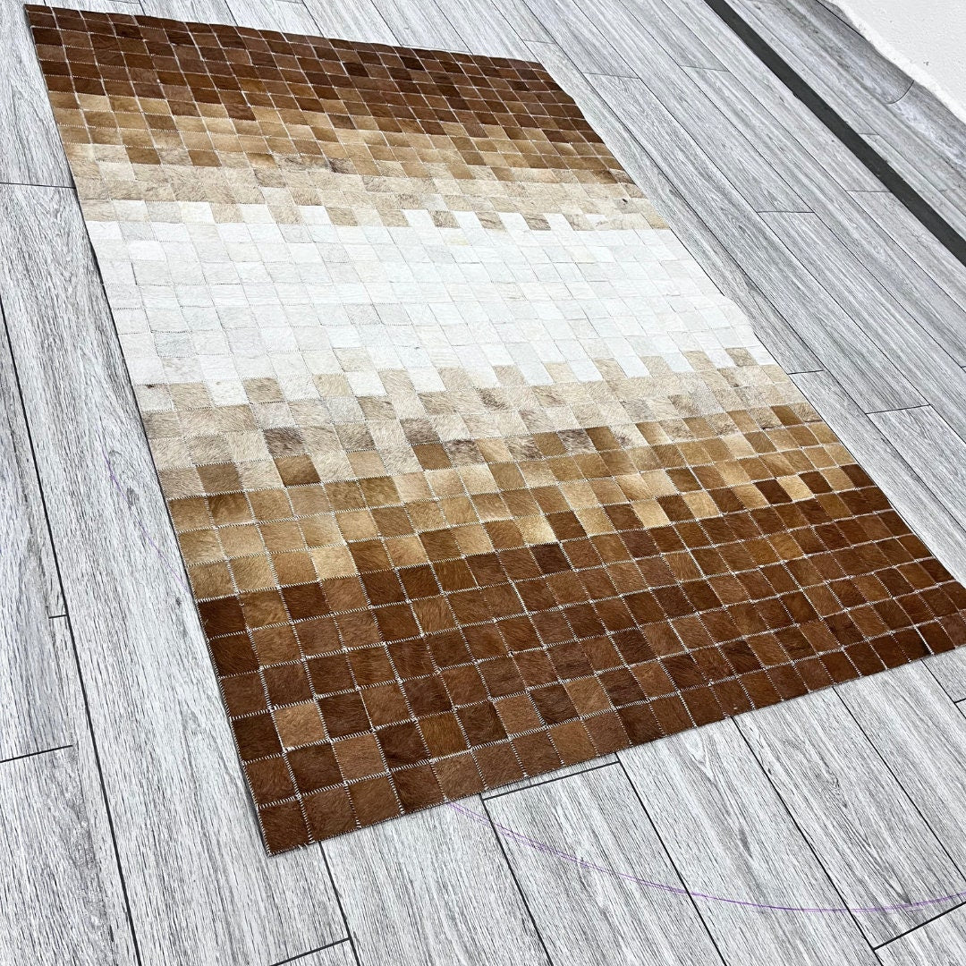 Natural Brown & White Cowhide Rug - Real Handmade Rugs, Customizable Patchwork Rugs for Bedroom Decor