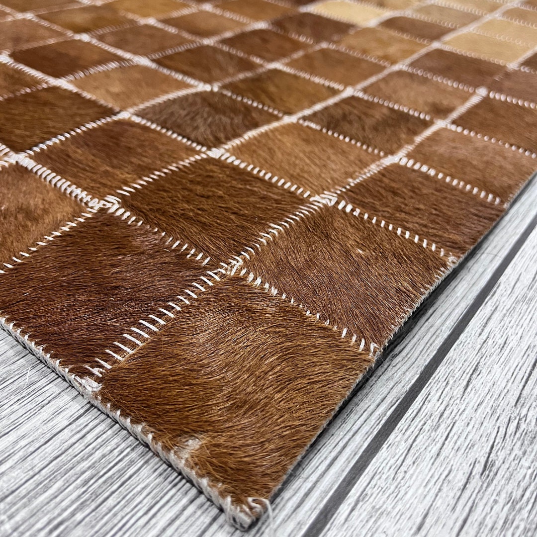 Natural Brown & White Cowhide Rug - Real Handmade Rugs, Customizable Patchwork Rugs for Bedroom Decor