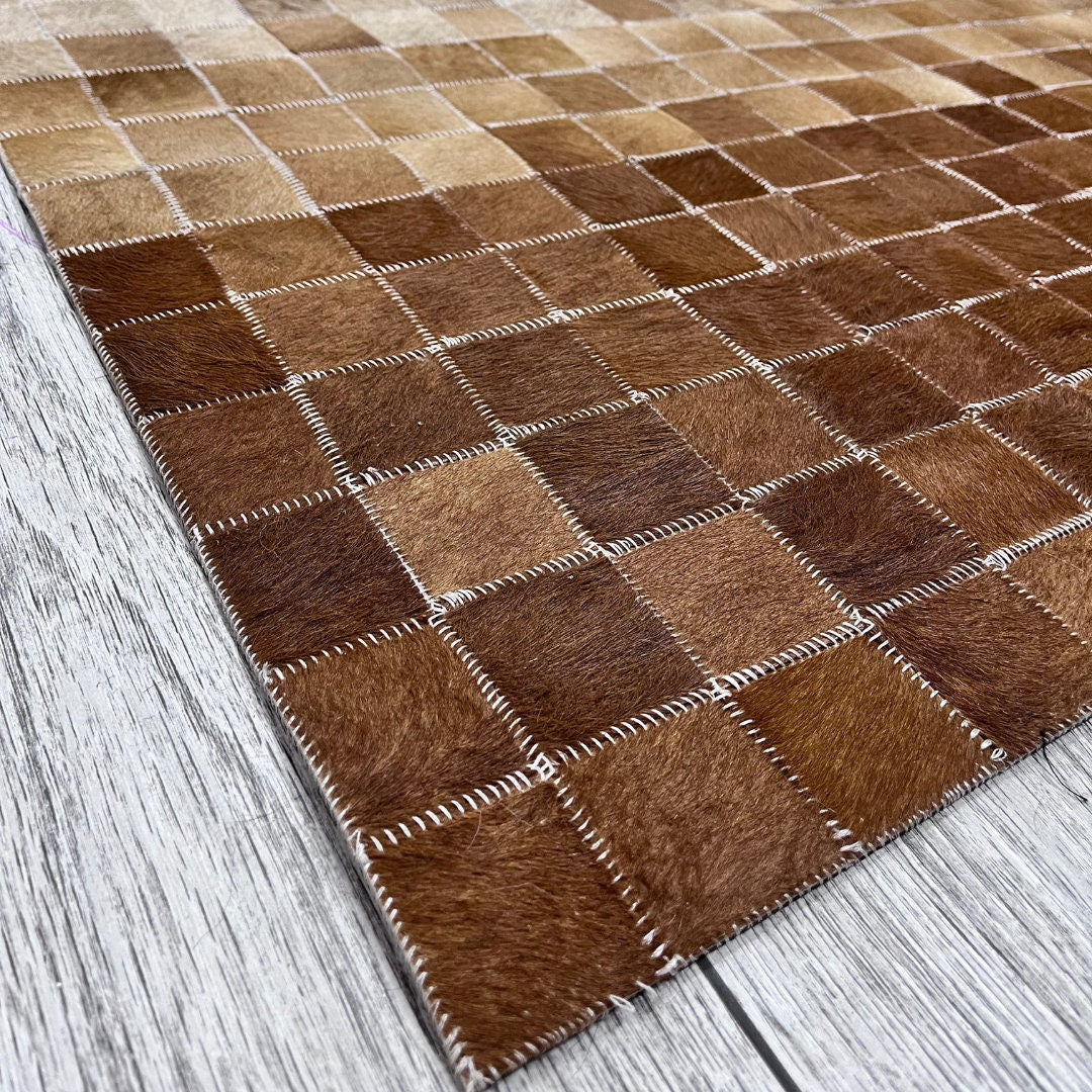 Natural Brown & White Cowhide Rug - Real Handmade Rugs, Customizable Patchwork Rugs for Bedroom Decor