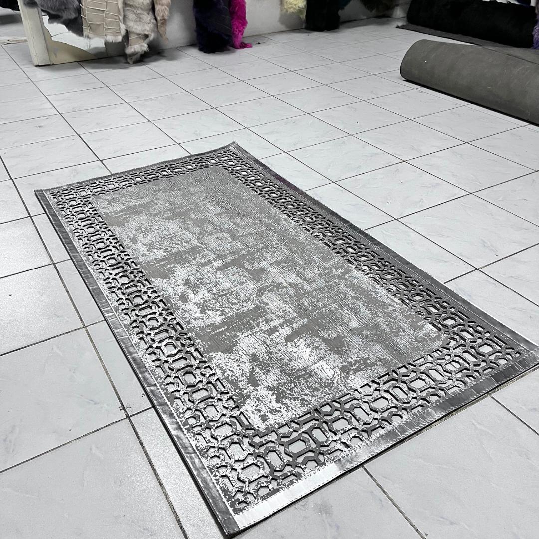 Silver-Gray Laser Cut Leather Rug, Perforated Rug, Non Slip Rug, Luxury Rug, Rugs For Living Room And Bedroom, Home Gift Rug