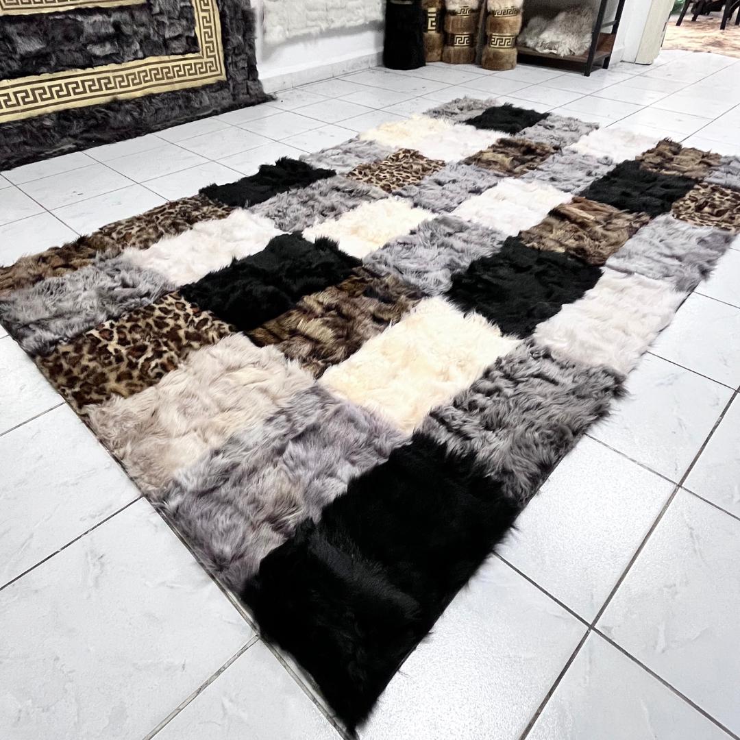 Multicolor Sheepskin Rug, Handmade 100% Natural Sheepskin Patchwork Rug, Genuine Icelandic Sheepskin Rug, Plush Area Rug for Living Room