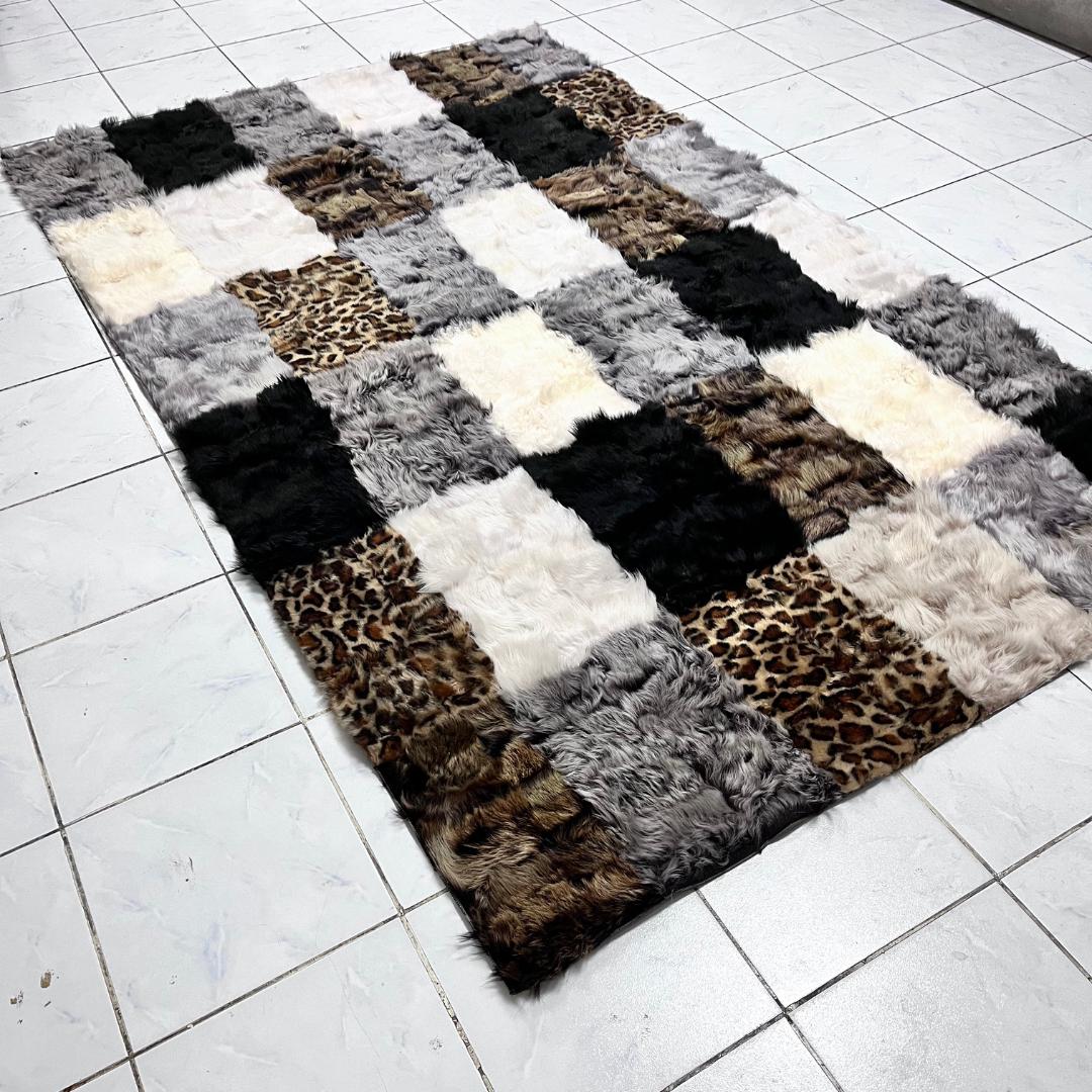 Multicolor Sheepskin Rug, Handmade 100% Natural Sheepskin Patchwork Rug, Genuine Icelandic Sheepskin Rug, Plush Area Rug for Living Room