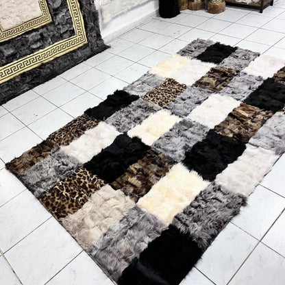 Multicolor Sheepskin Rug, Handmade 100% Natural Sheepskin Patchwork Rug, Genuine Icelandic Sheepskin Rug, Plush Area Rug for Living Room