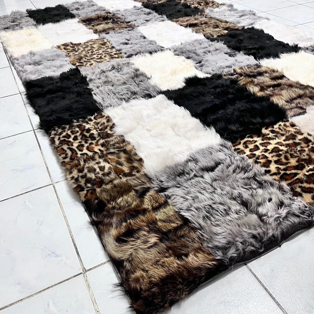 Multicolor Sheepskin Rug, Handmade 100% Natural Sheepskin Patchwork Rug, Genuine Icelandic Sheepskin Rug, Plush Area Rug for Living Room